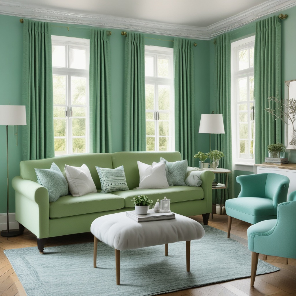 A refreshing mint green room with curtains and cushions