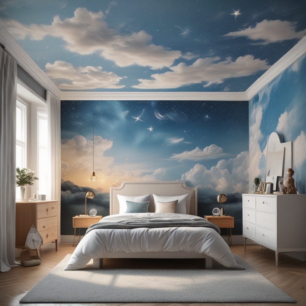 A sky-themed room with sky-like wallpapers and decorations