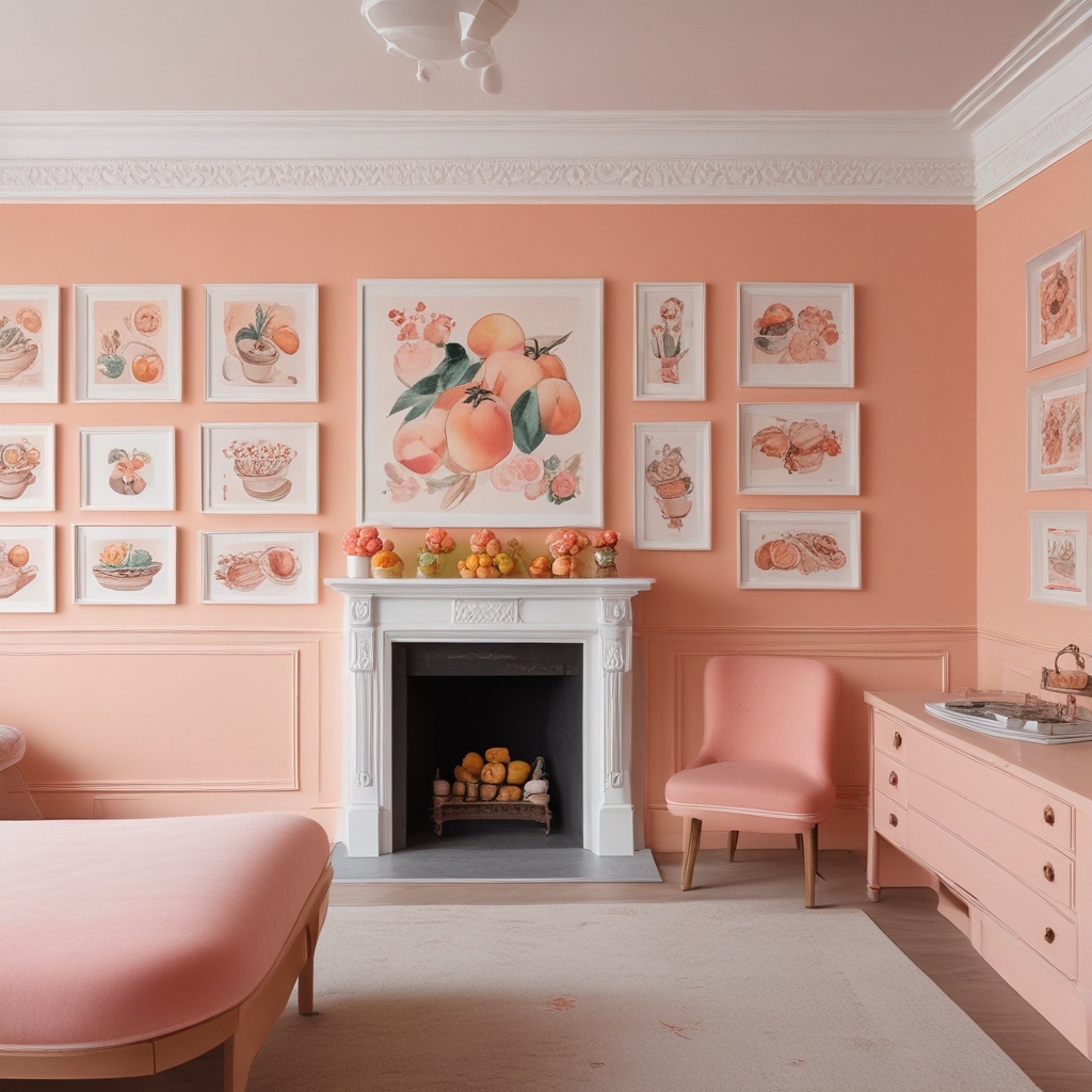 A sweet peach-colored room with illustrations of sweets on the wall